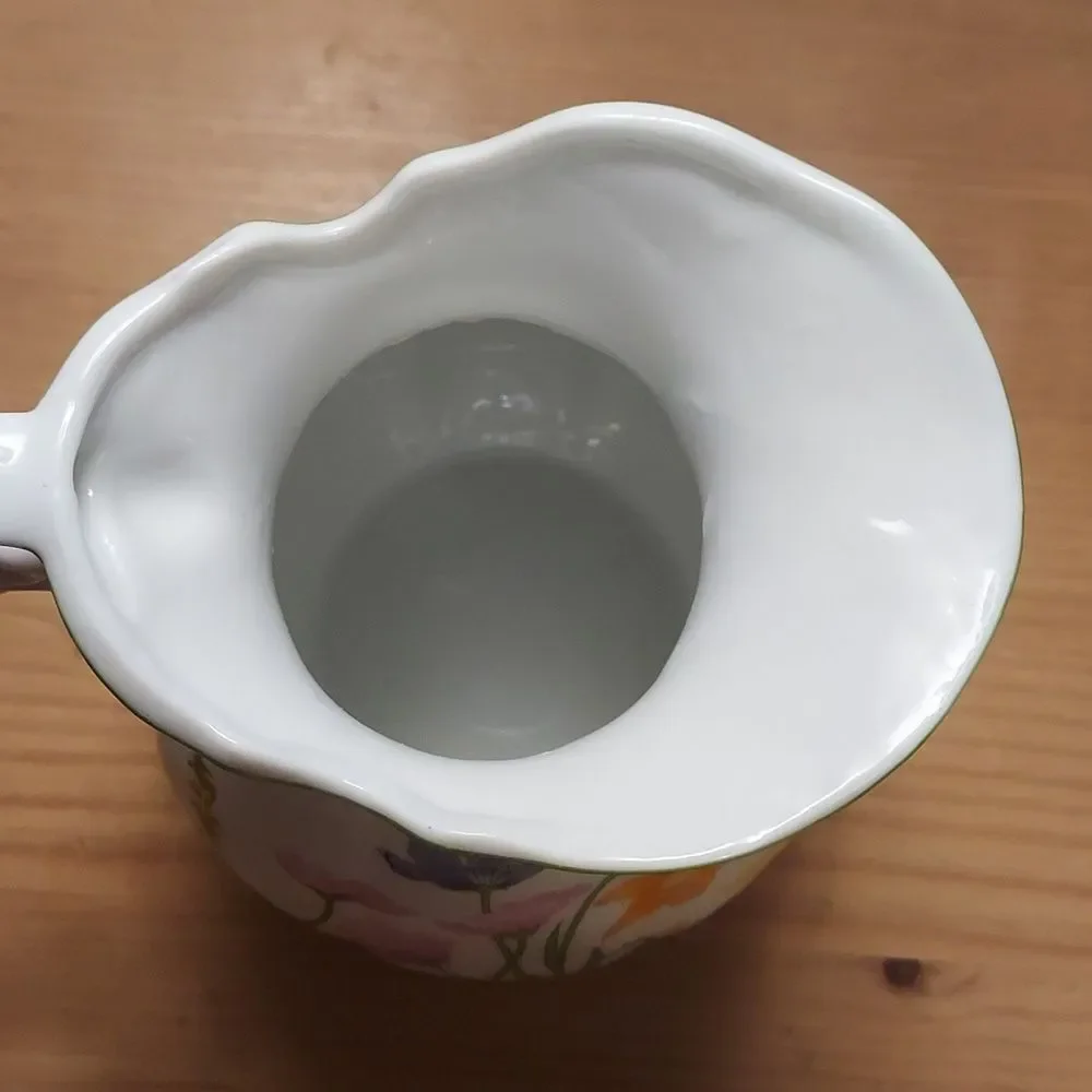 Floral Pitcher White with flowers Vintage green trim